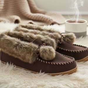 Sporto Chocolate and Brown Fur Moccasin Rubber Sole Size L 9/10
